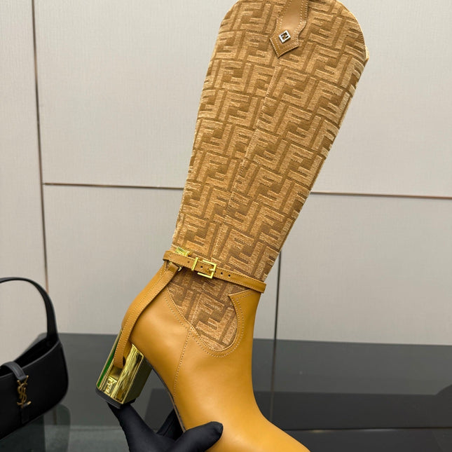 FENDI 25S KNEE-HIGH BOOTS 50 MM IN GOLDEN BROWN CALFSKIN AND FABRIC PRINT LOGO
