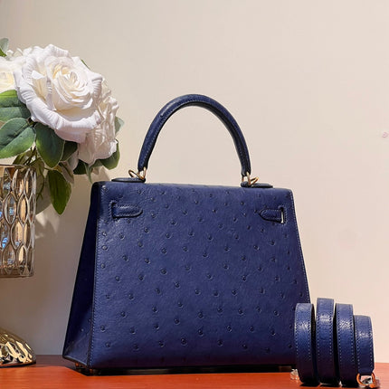 KELLY SELLIER 25 BAG IN NAVY BLUE OSTRICH LEATHER WITH GOLD HARDWARE