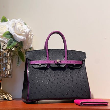 KELLY  SELLIER 25 BAG IN BLACK MIX ORCHID PURPLE OSTRICH LEATHER