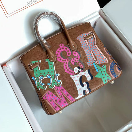 BIRKIN 25 BAG IN CHOCOLATE BROWN CALFSKIN WITH COLORFUL STICKER