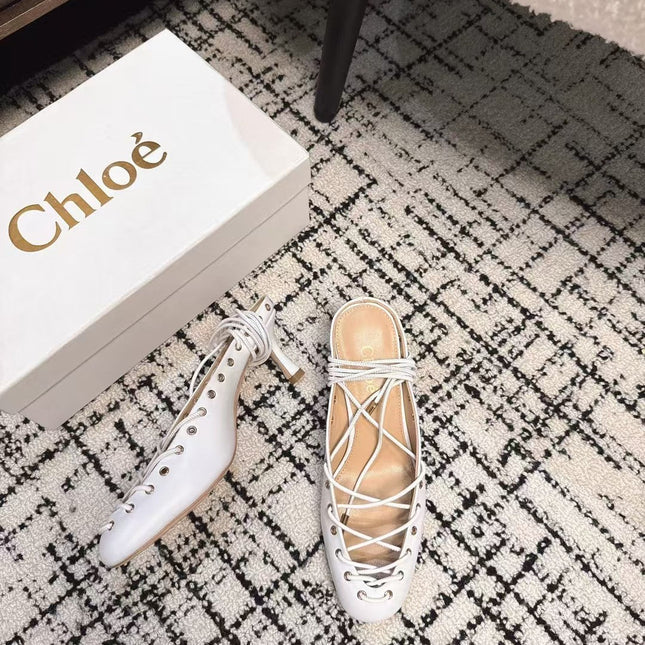 CHLOÉ 26S LACE-UP HEELS 60 MM IN WHITE CALFSKIN
