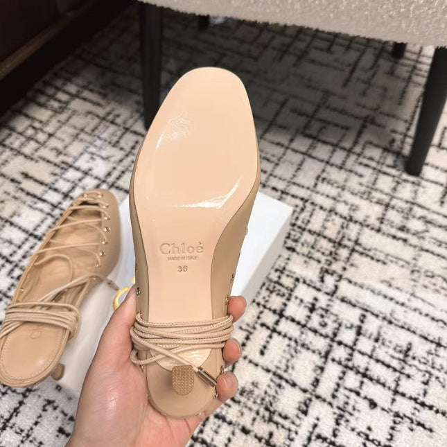 CHLOÉ 26S LACE-UP HEELS 60 MM IN NUDE BEIGE CALFSKIN