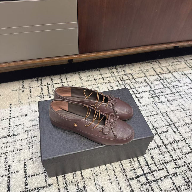 MIUMIU 26S LACE UP BOW LOAFERS IN DARK BROWN CALFSKIN