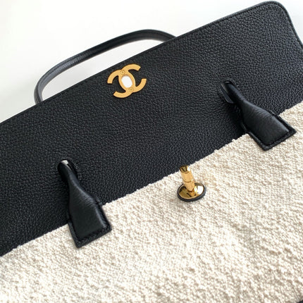 CHANEL 26S TOP HANDLE SHOPPING BAG 30 IN BLACK CALFSKIN AND IVORY FABRIC