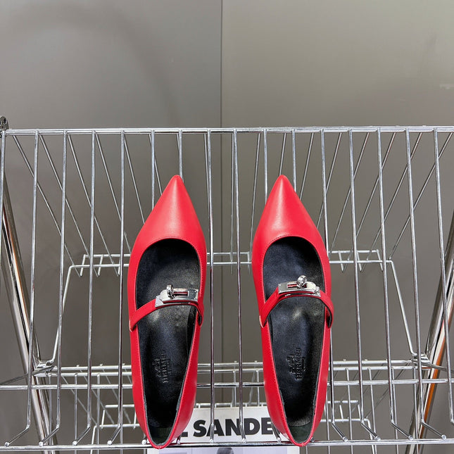 HM 26S KELLY BUCKLE MARY JANE POINTED FLATS IN RED CALFSKIN