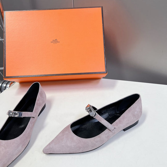 HM 26S KELLY BUCKLE MARY JANE POINTED FLATS IN TAUPE BROWN SUEDE