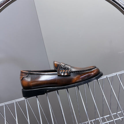 YSL 25S SAINT LAURENT LOAFERS IN TORTOISESHELL BROWN GLOSSY CALFSKIN