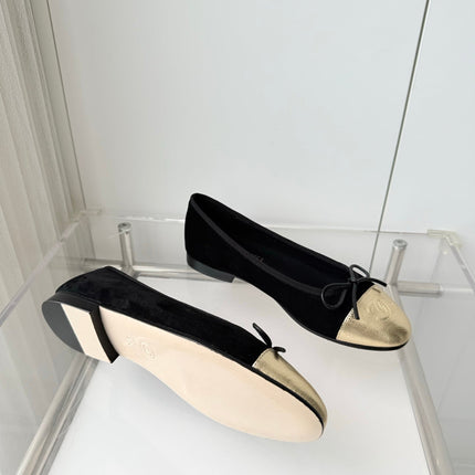CHANEL 26S BALLET FLATS IN BLACK SUEDE WITH GOLD TOE CAP AND BOW