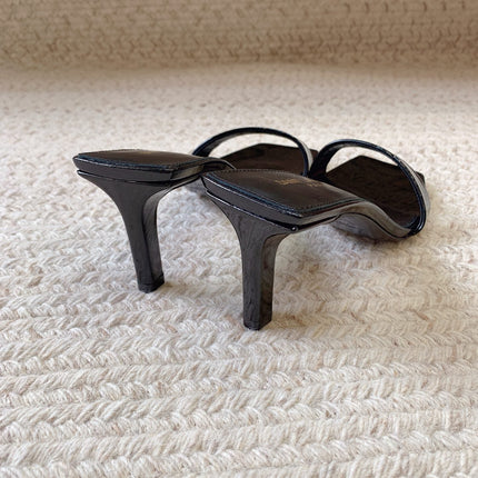 HIGH MULES WITH SQUARE TOE IN BLACK GLOSSY CALFSKIN