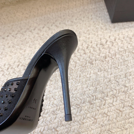 LA 16 HEELED MULES ATTACHED RHINESTONES IN BLACK MESH