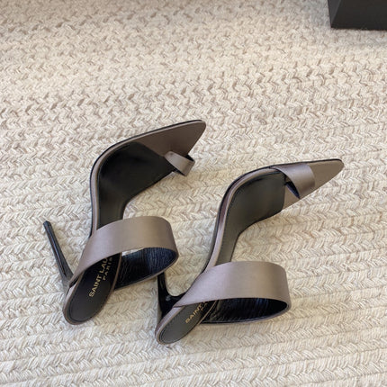 MARTHA POINTED OPEN-TOE HIGH MULES IN GRAY SILK