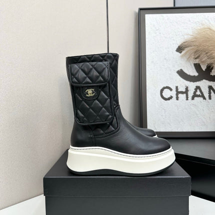 CHANEL 25S WEDGE ANKLE BOOTS IN BLACK CALFSKIN SILVER HARDWARE