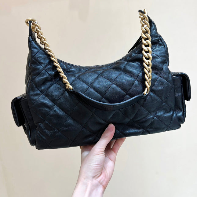 CHANEL QUILTED HOBO CARGO BAG 35 IN BLACK CALFSKIN GOLD CHAIN