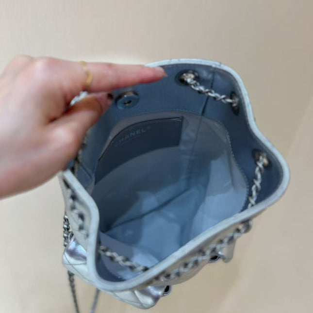 DRAWSTRING BUCKET BACKPACK 24 IN SILVER-TONE LAMBSKIN SILVER HARDWARE