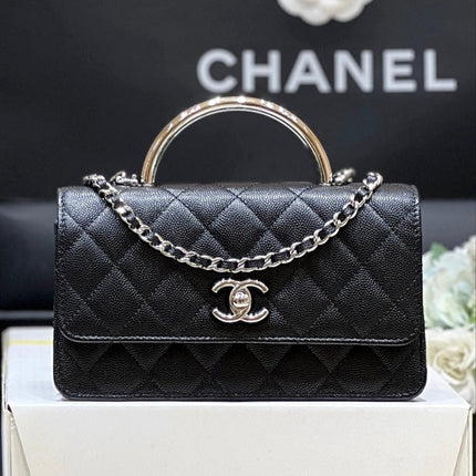 FLAP BAG WITH SILVER-TONE HANDLE 18 IN BLACK LAMBSKIN