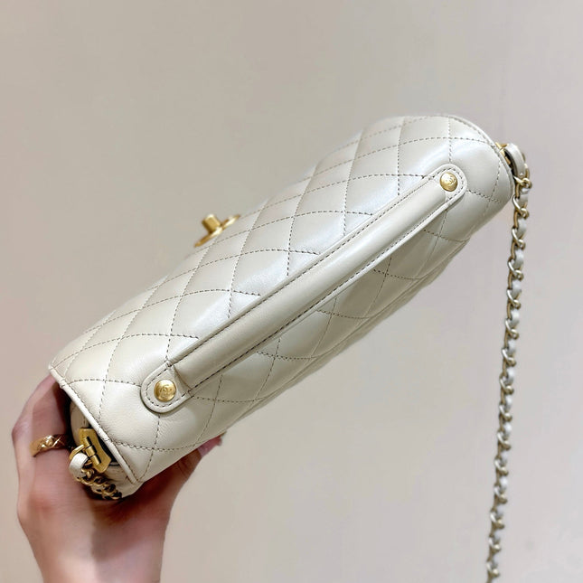 QUILTED FLAP BAG WITH HANDLE 26 IN BEIGE LAMBSKIN GOLD PLATED METAL