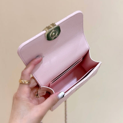 QUILTED MINI FLAP BAG WITH HANDLE 14 IN BABY PINK LAMBSKIN GOLD PLATED METAL