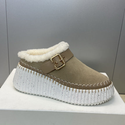 CHLOÉ 26S FUR-LINED WEDGE MULES IN DARK BEIGE SUEDE