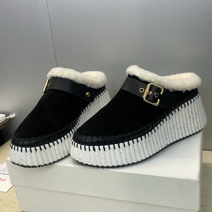 CHLOÉ 26S FUR-LINED WEDGE MULES IN BLACK SUEDE