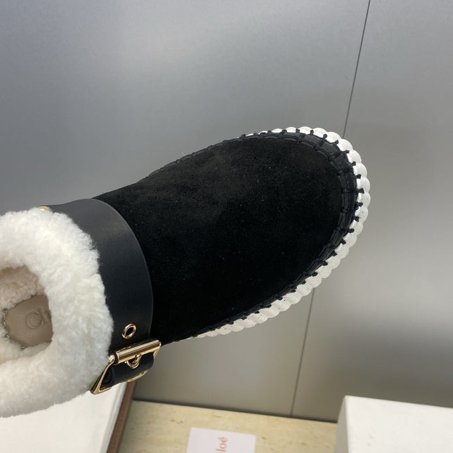 CHLOÉ 26S FUR-LINED WEDGE MULES IN BLACK SUEDE