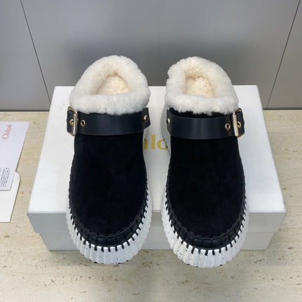 CHLOÉ 26S FUR-LINED WEDGE MULES IN BLACK SUEDE