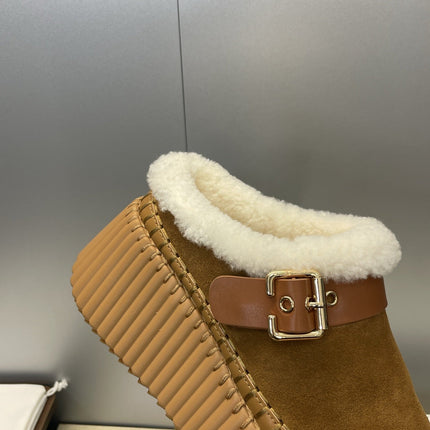 CHLOÉ 26S FUR-LINED WEDGE MULES IN BROWN SUEDE