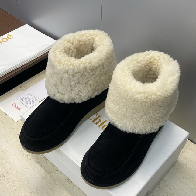CHLOÉ 26S SHEARLING BOOTS IN BLACK SUEDE
