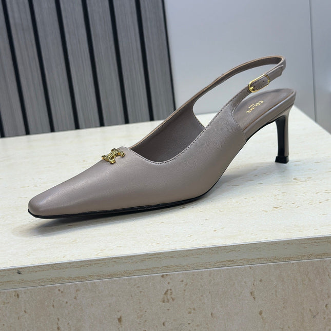 CELINE 26S SLINGBACK HEELS 65 MM IN BEIGE GREY CALFSKIN