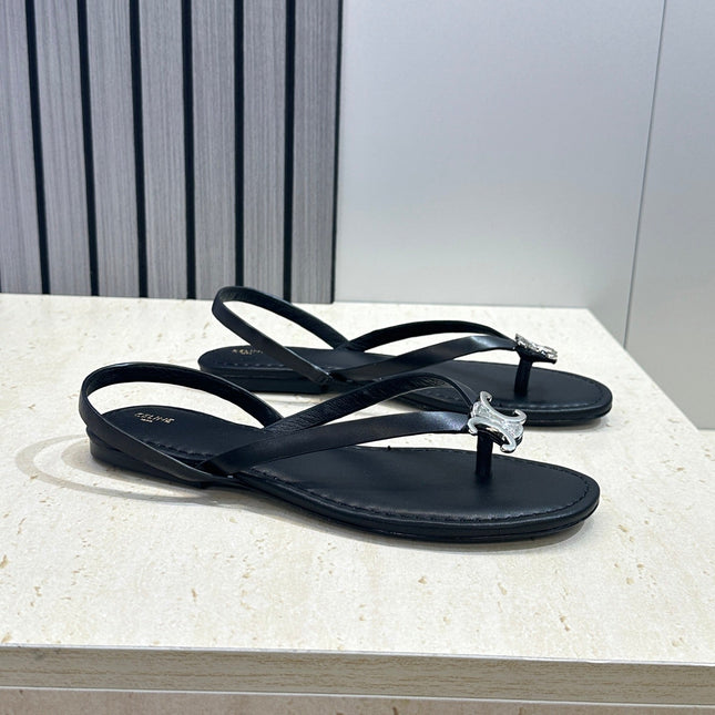 CELINE 26S THONG SANDALS IN BLACK CALFSKIN