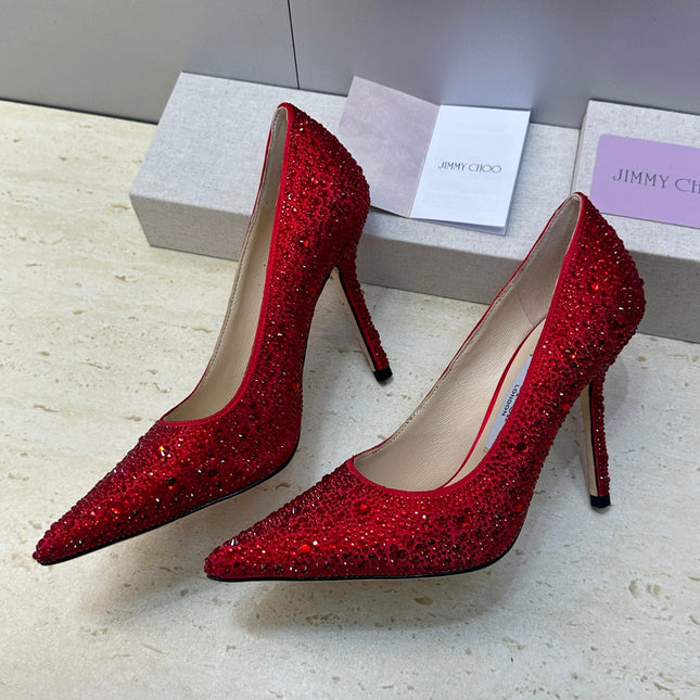 JIMMY CHOO 26S HIGH HEELS 95 MM IN RED CRYSTAL-EMBELLISHED