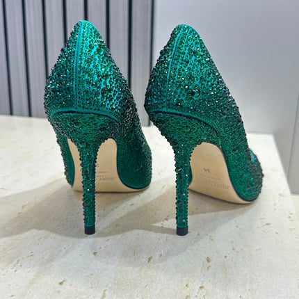 JIMMY CHOO 26S HIGH HEELS 95 MM IN GREEN CRYSTAL-EMBELLISHED