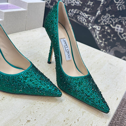 JIMMY CHOO 26S HIGH HEELS 95 MM IN GREEN CRYSTAL-EMBELLISHED