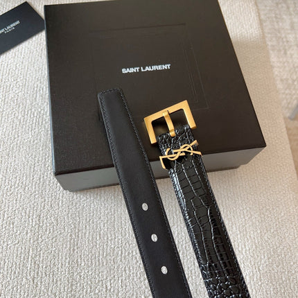 YSL 25S BELT 30 MM IN BLACK CALFSKIN SNAKE-EMBOSSED 571011