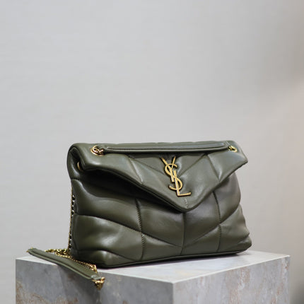 YSL 25S LOULOU PUFFER MM 29 IN DARK OLIVE CALFSKIN GOLD HARDWARE