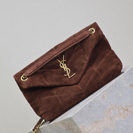 YSL 25S LOULOU PUFFER MM 29 IN DARK BROWN SUEDE GOLD HARDWARE