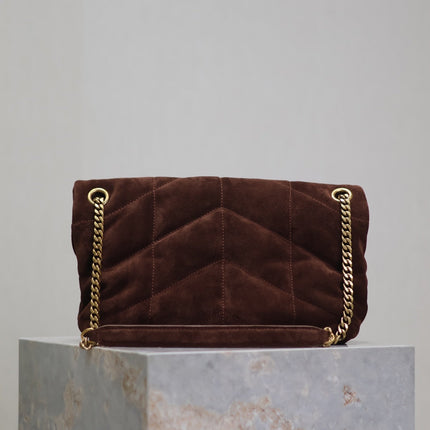 YSL 25S LOULOU PUFFER MM 29 IN DARK BROWN SUEDE GOLD HARDWARE