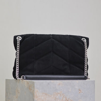 YSL 25S LOULOU PUFFER GM 35 IN BLACK SUEDE SILVER HARDWARE