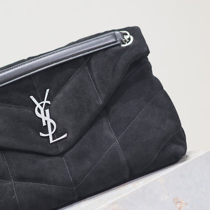 YSL 25S LOULOU PUFFER GM 35 IN BLACK SUEDE SILVER HARDWARE