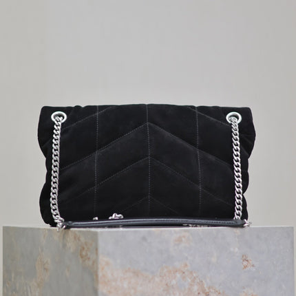 YSL 25S LOULOU PUFFER MM 29 IN BLACK SUEDE SILVER HARDWARE