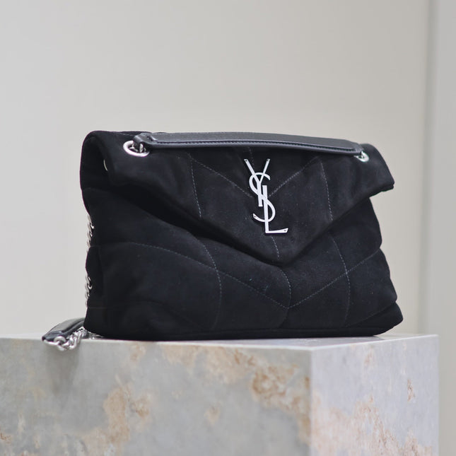 PUFFER SMALL 29 IN BLACK SUEDE SILVER HARDWARE