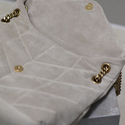 YSL 25S LOULOU PUFFER GM 35 IN SMOKEY TAUPE SUEDE GOLD HARDWARE