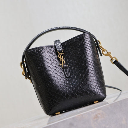 YSL 25S LE 37 BUCKET 15 IN BLACK SNAKE EMBOSSED CALFSKIN GOLD HARDWARE