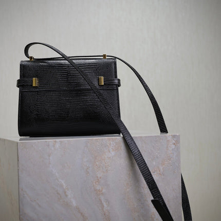 YSL 25S MINI MANHATTAN 19 IN BLACK SHINY CROCODILE CALFSKIN GOLD HARDWARE