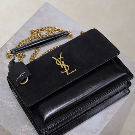 YSL 25S SUNSET BAG 22 IN BLACK CALFSKIN AND SUEDE GOLD HARDWARE