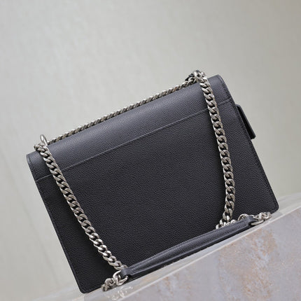 YSL 25S SUNSET MEDIUM 22 IN BLACK GRAINED CALFSKIN SILVER HARDWARE