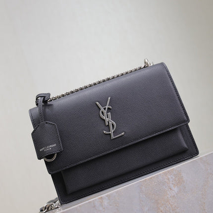 YSL 25S SUNSET MEDIUM 22 IN BLACK GRAINED CALFSKIN SILVER HARDWARE