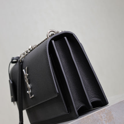 YSL 25S SUNSET MEDIUM 22 IN BLACK GRAINED CALFSKIN SILVER HARDWARE