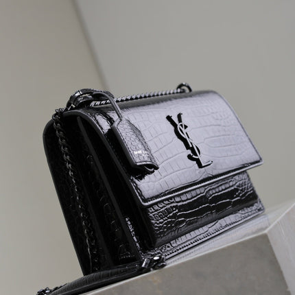 YSL 25S SUNSET MEDIUM 22 IN BLACK CROCODILE-EMBOSSED SHINY CALFSKIN BLACK HARDWARE