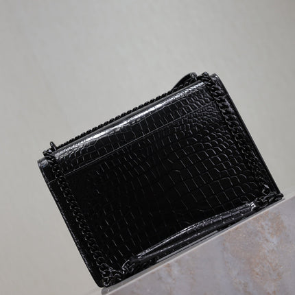 YSL 25S SUNSET MEDIUM 22 IN BLACK CROCODILE-EMBOSSED SHINY CALFSKIN BLACK HARDWARE