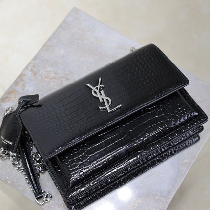 YSL 25S SUNSET MEDIUM 22 IN BLACK CROCODILE-EMBOSSED SHINY CALFSKIN SILVER HARDWARE